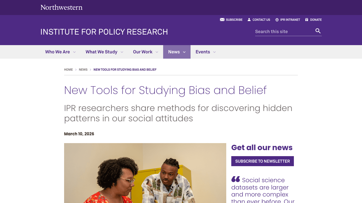 Screenshot of Northwestern IPR coverage titled New Tools for Studying Bias and Belief.
