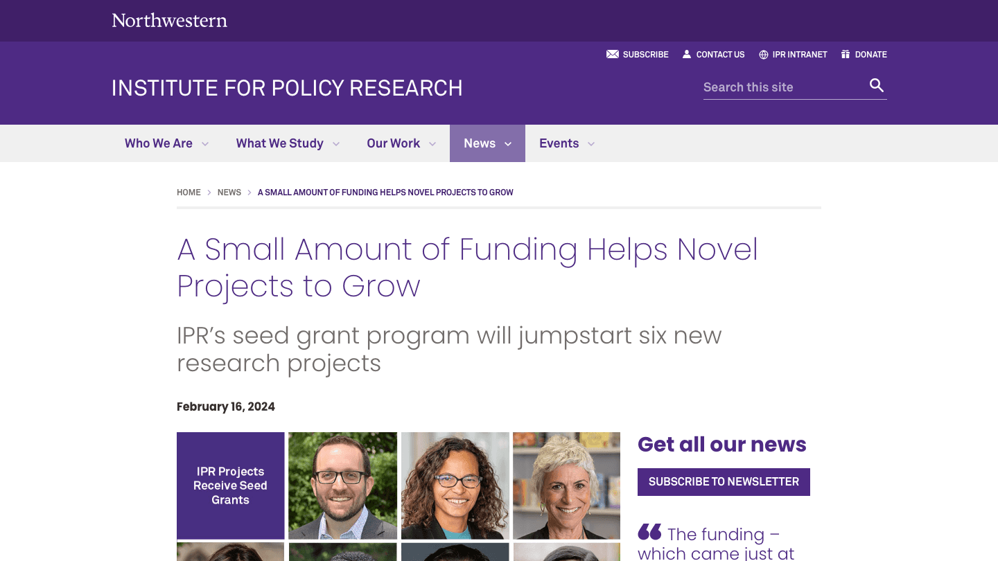 Screenshot of the Northwestern IPR seed grant coverage page.