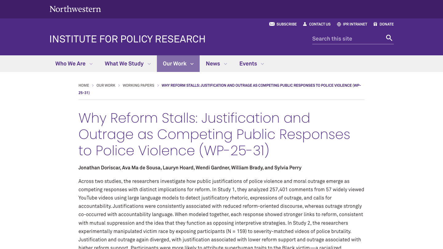 Screenshot of the Northwestern IPR working paper page for Why Reform Stalls.