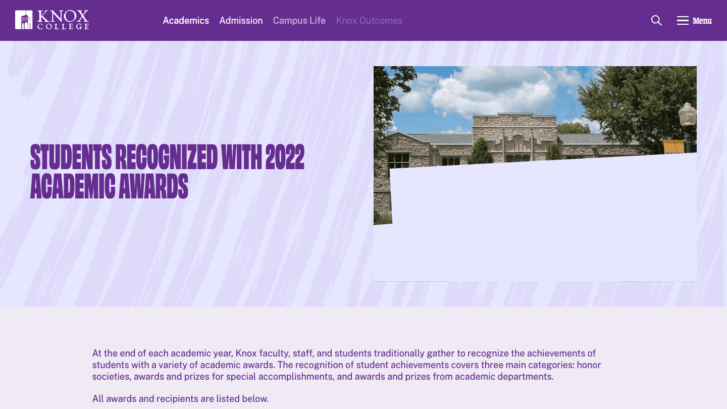 Screenshot of the Knox College 2022 academic awards page.